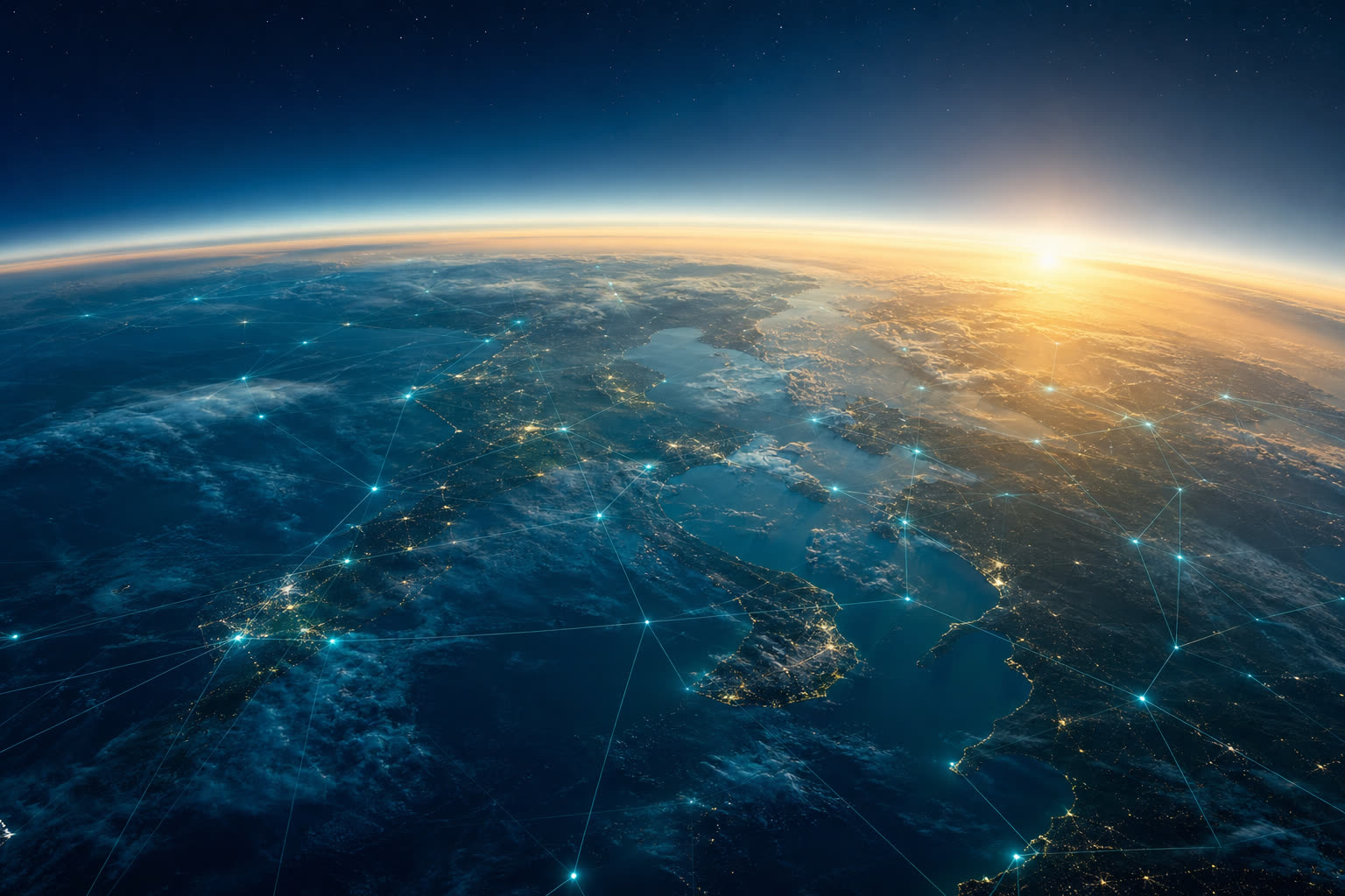 Vista illuminata della Terra — metafora di visibilità globale del brand nelle risposte IA